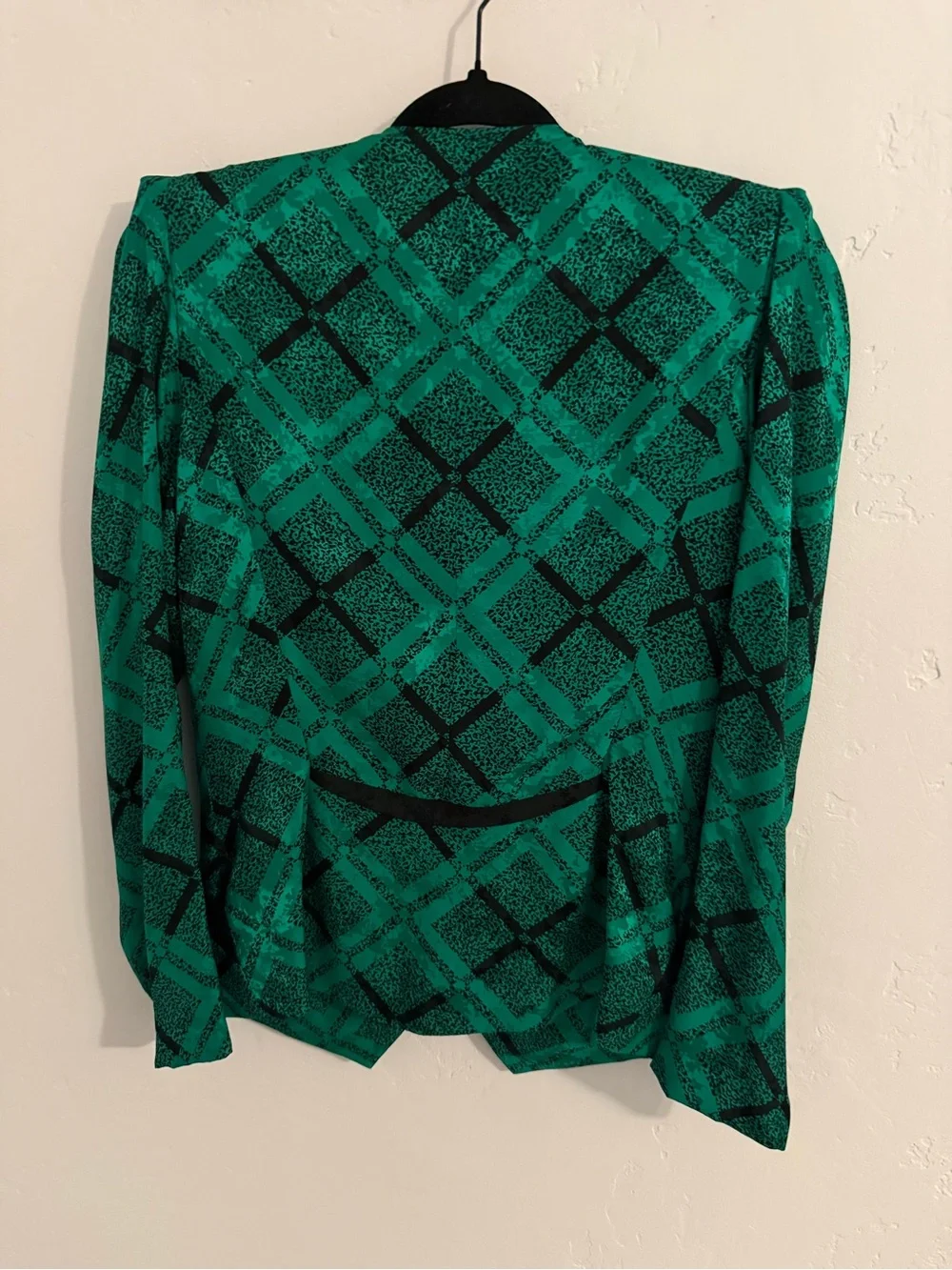 Vintage Green Patterned Blazer with Black Skirt - 100% silkWoman's Two-Piece Set